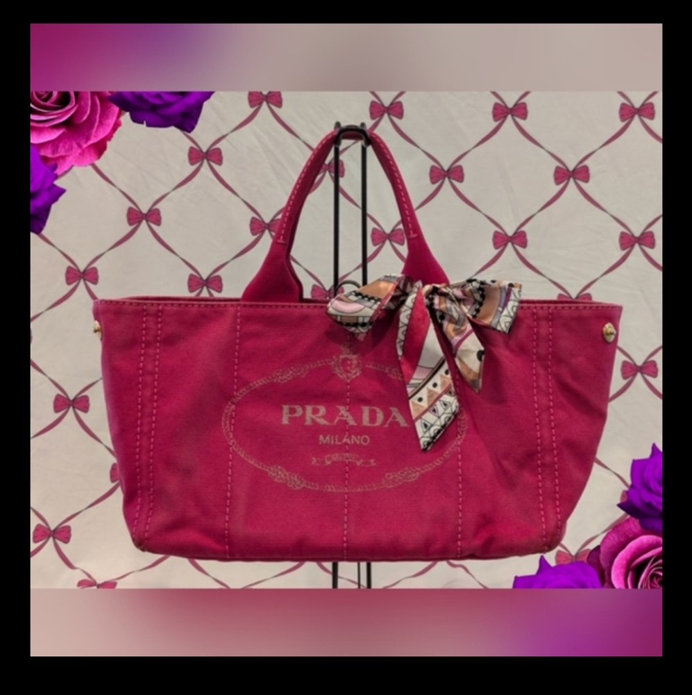 4pc Bundle: Prada Canapa  Pink Tote Bag, Twilly, Organizer &  XOXO Wallet